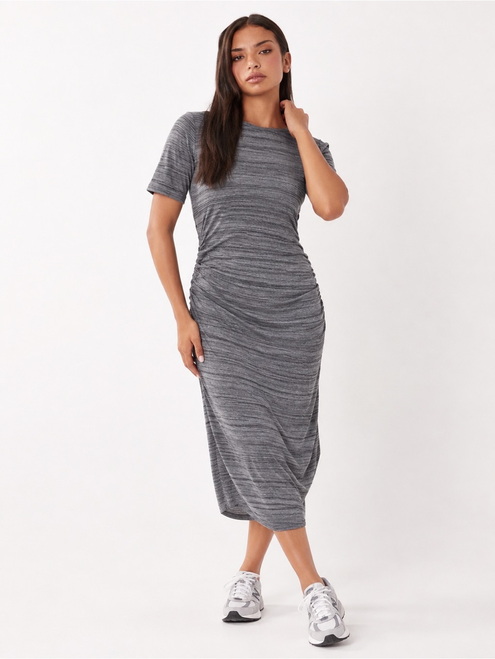 ATHLETA Gray Ruched Midi Dress S Space Dye Stretch Athleisure